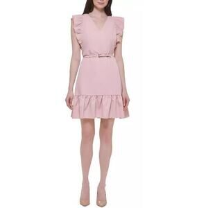 Tommy Hilfiger Women's Pink Short Sleeve V-Neck Belted Mini Dress Size 10
